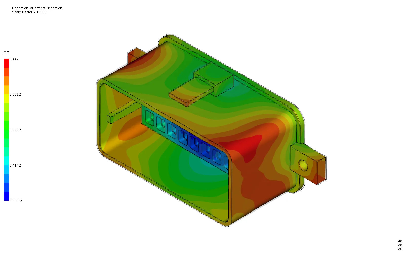 Total deflection contour of the twenty-way connector, maximum 0.447 mm