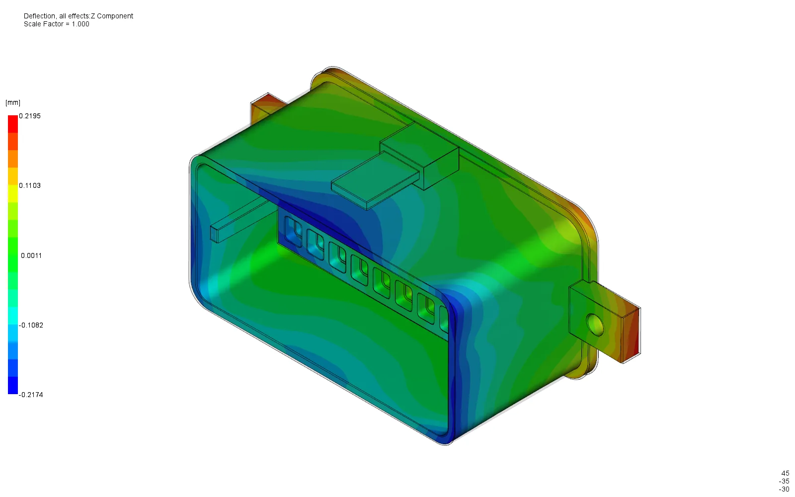 Out-of-plane deflection contour over a range of 0.437 millimetres