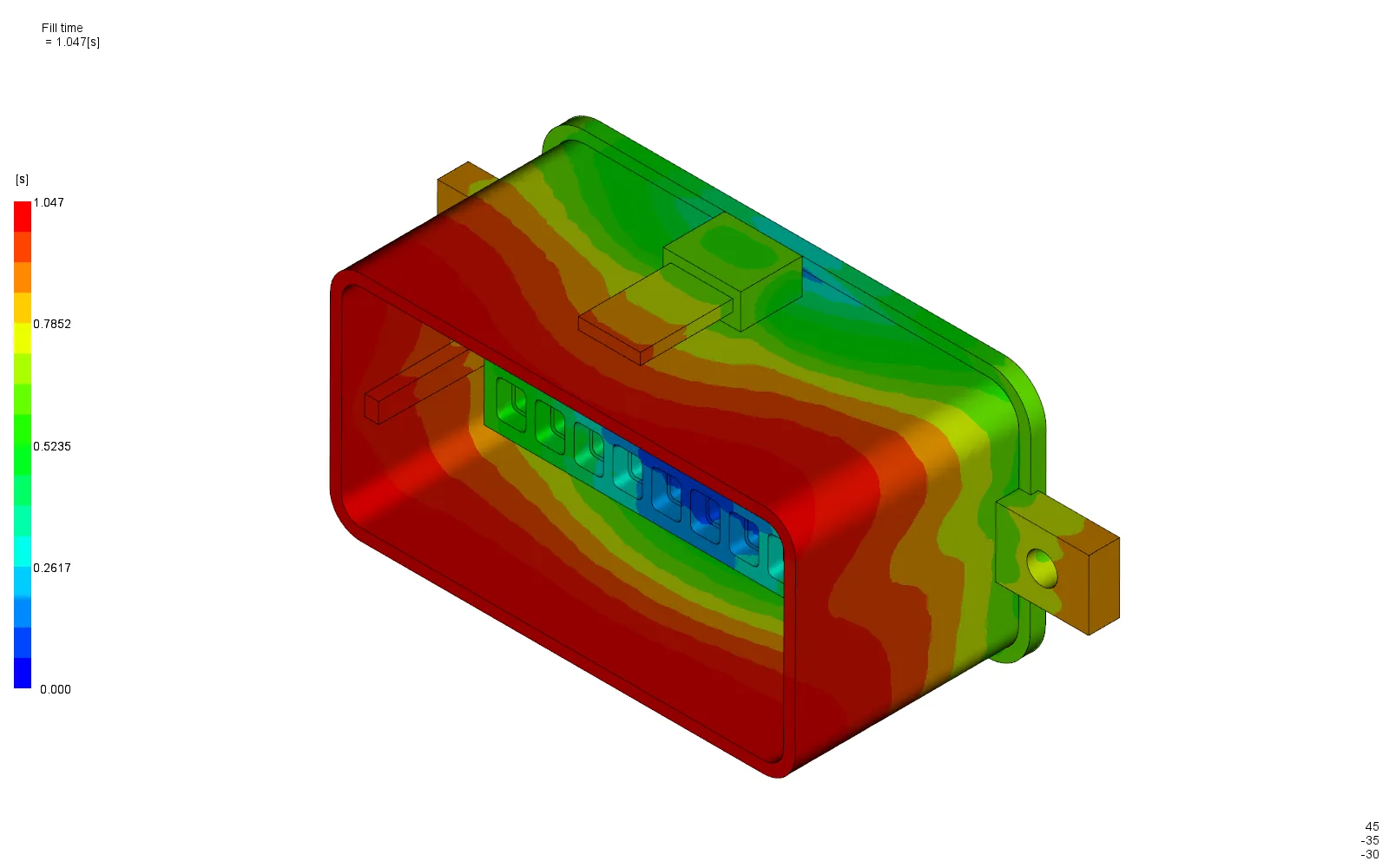 Fill-time contour of the twenty-way connector, complete at 1.047 seconds