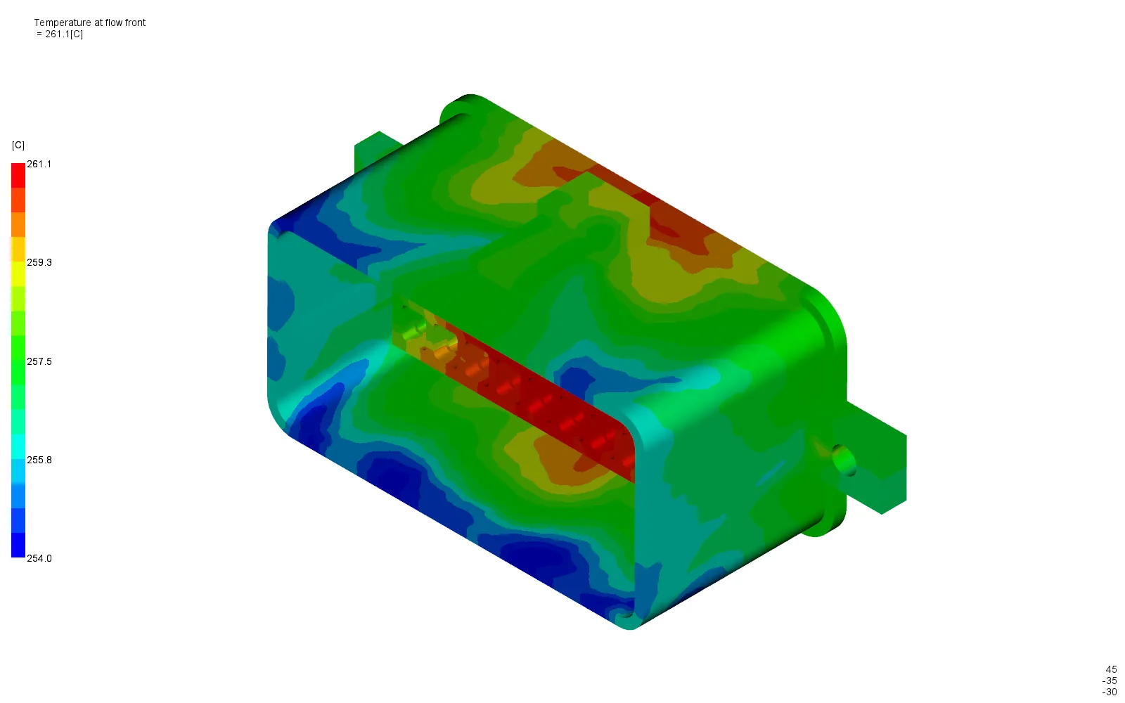 Flow-front temperature contour between 254.0-261.1 degrees Celsius