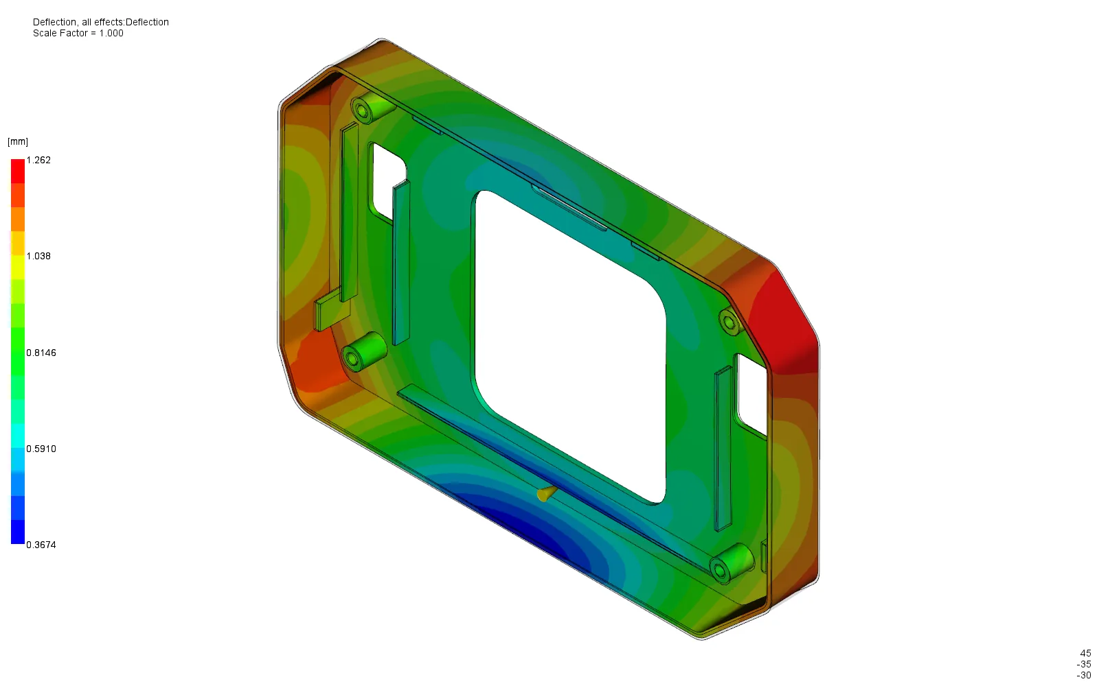 Total deflection contour of the center console bezel, maximum 1.262 mm