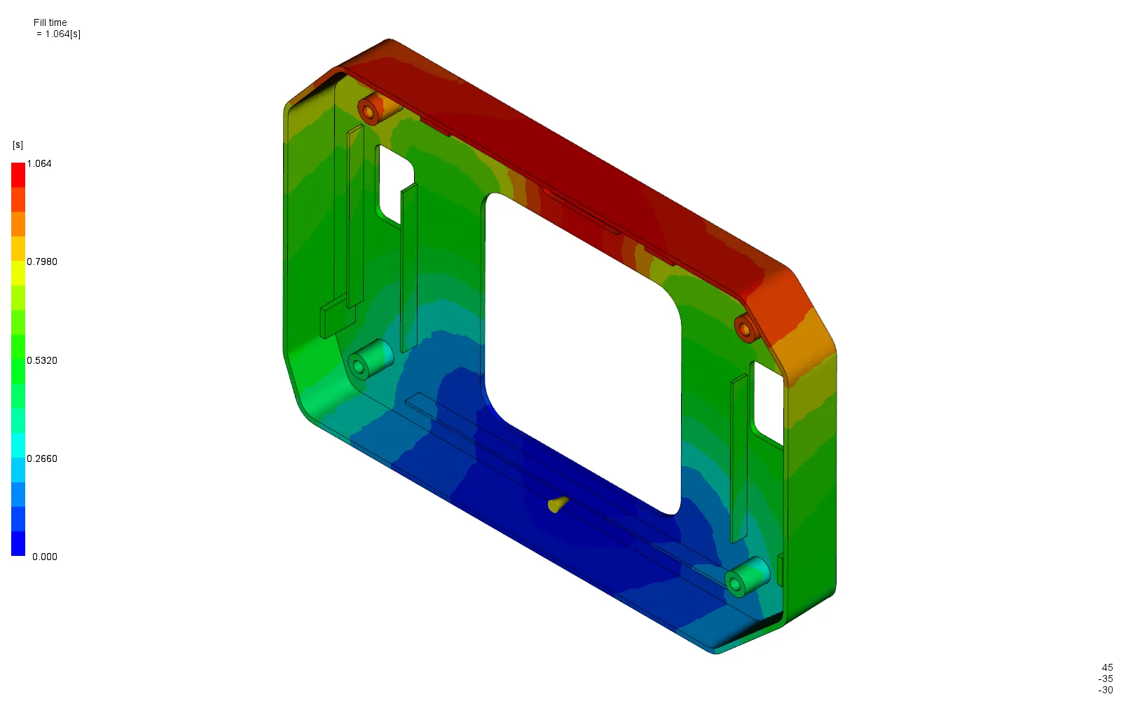 Fill-time contour of the center console bezel, complete at 1.064 seconds