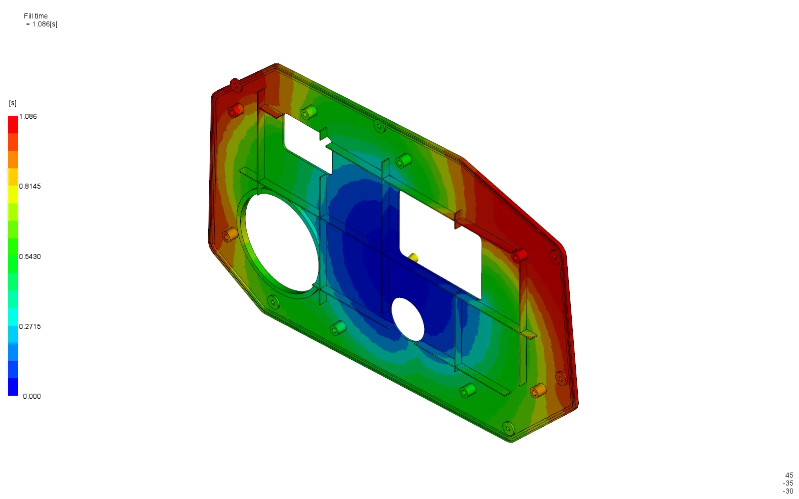 Fill-time contour of the door module carrier, complete at 1.086 seconds