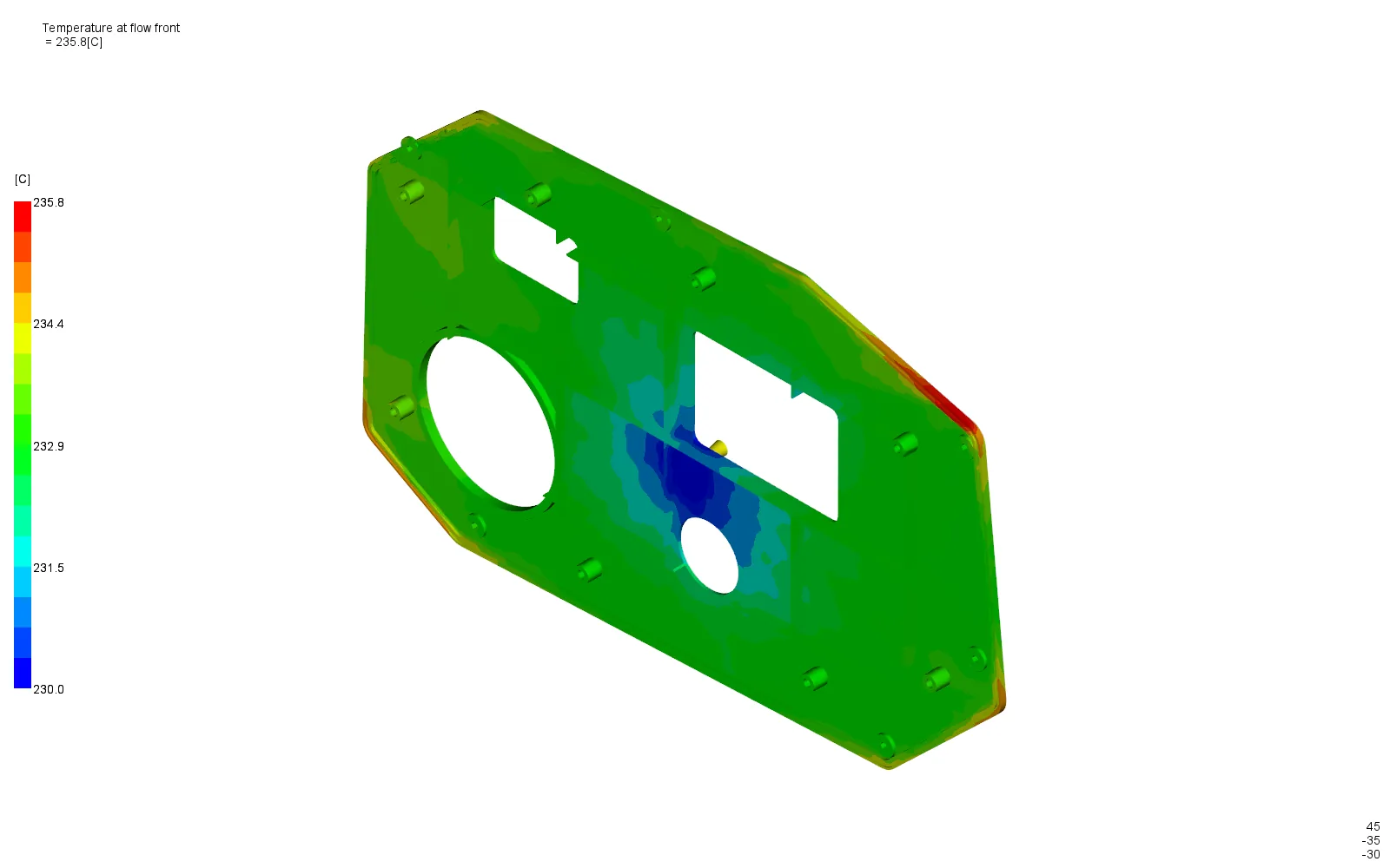 Flow-front temperature contour between 230.0-235.8 degrees Celsius