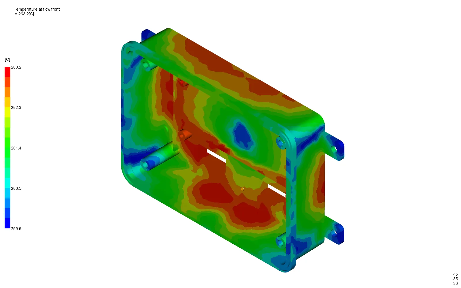 Flow-front temperature contour between 259.5-263.2 degrees Celsius