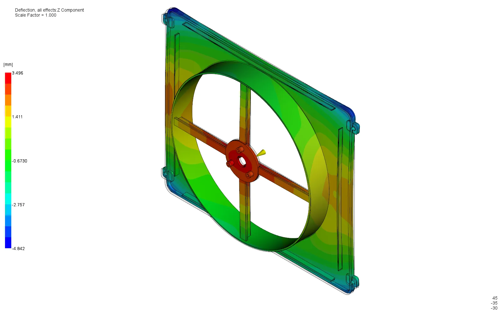 Out-of-plane deflection contour over a range of 8.338 millimetres