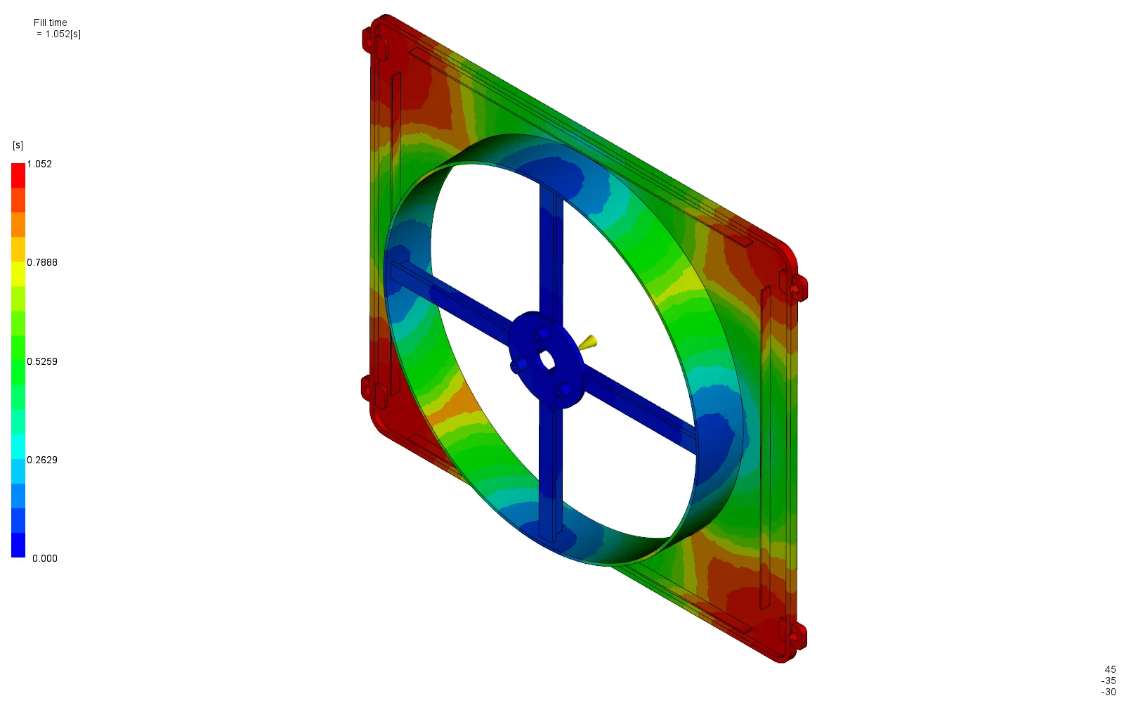 Fill-time contour of the radiator fan shroud, filling from the hub outwards