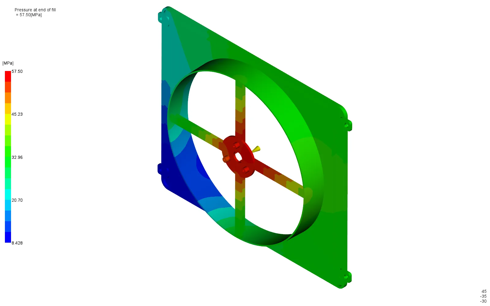End-of-fill pressure contour with a V/P pressure of 71.88 MPa