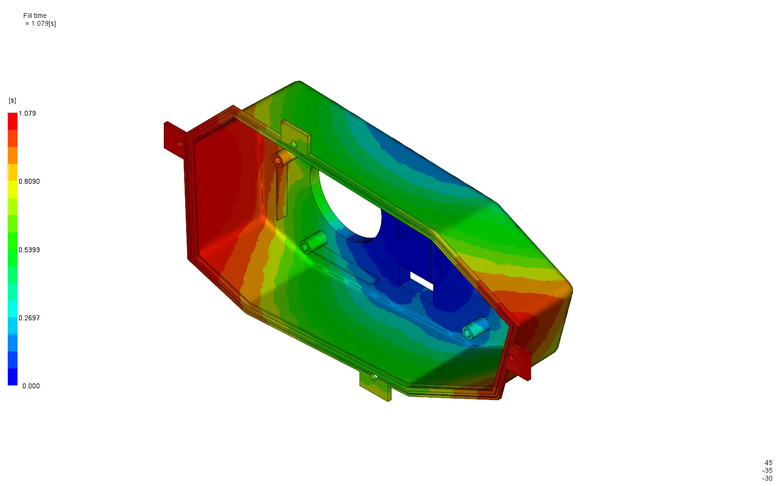 Fill-time contour of the headlamp rear housing, complete at 1.079 seconds