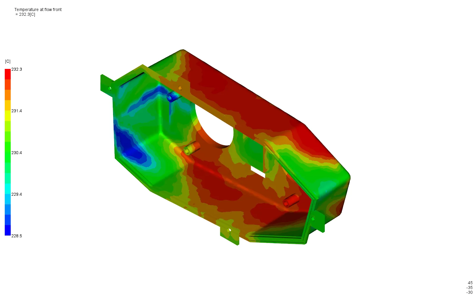 Flow-front temperature contour between 228-232 degrees Celsius