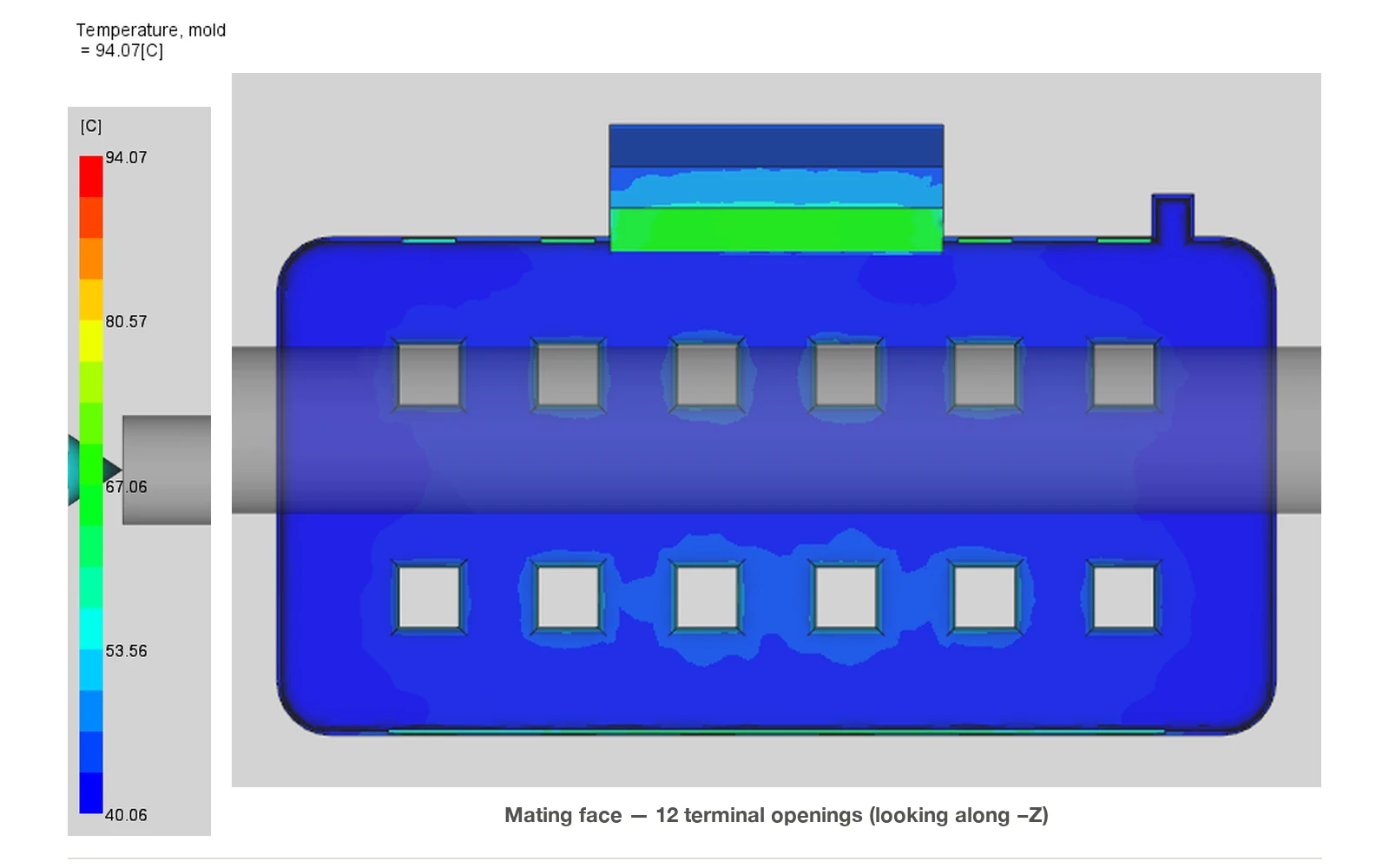 Computed mold temperature over the part with the specified 30 degree coolant, cavity surface at 66.2 degrees average