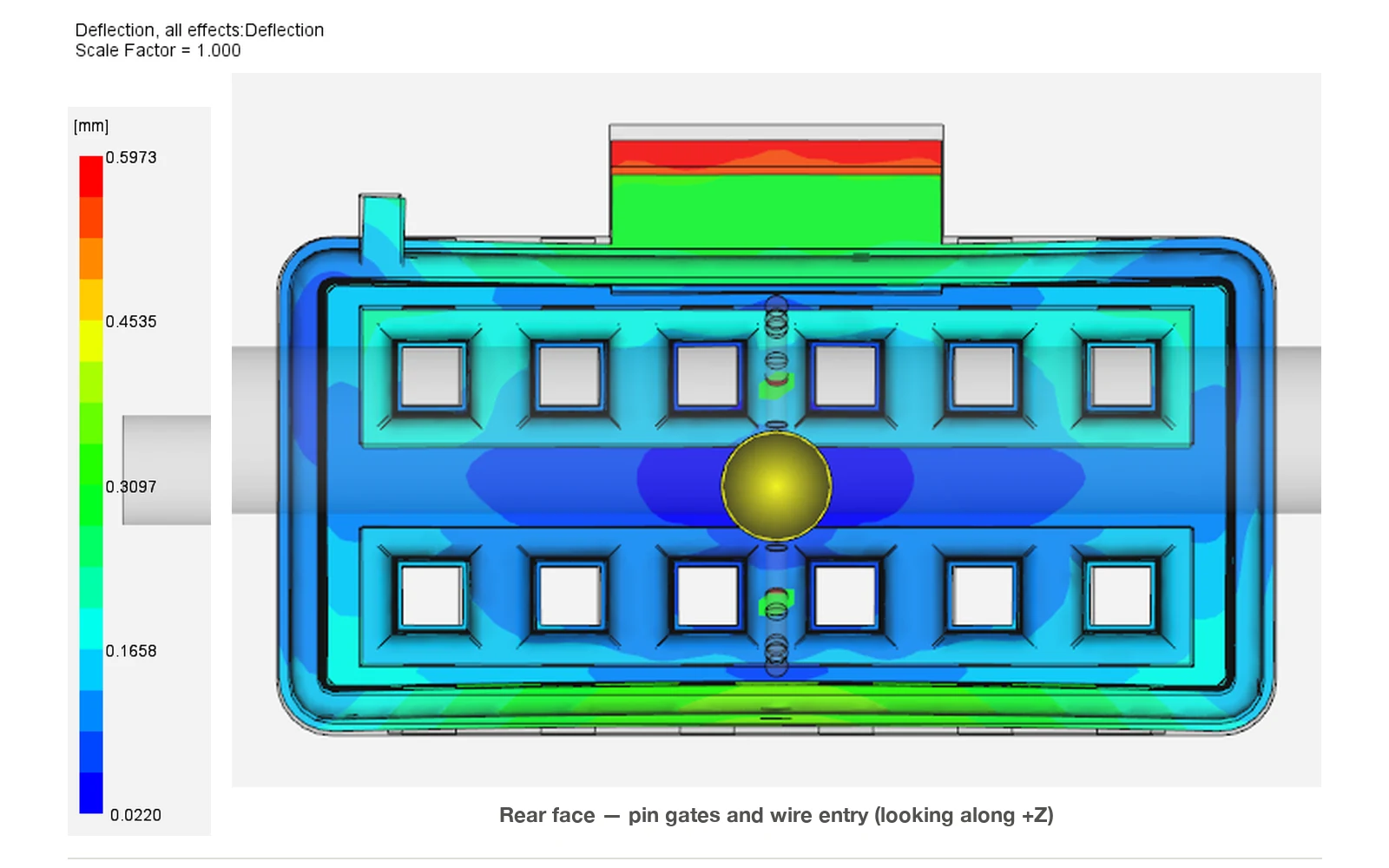 Total deflection contour of the 12-way connector housing, maximum 0.597 mm