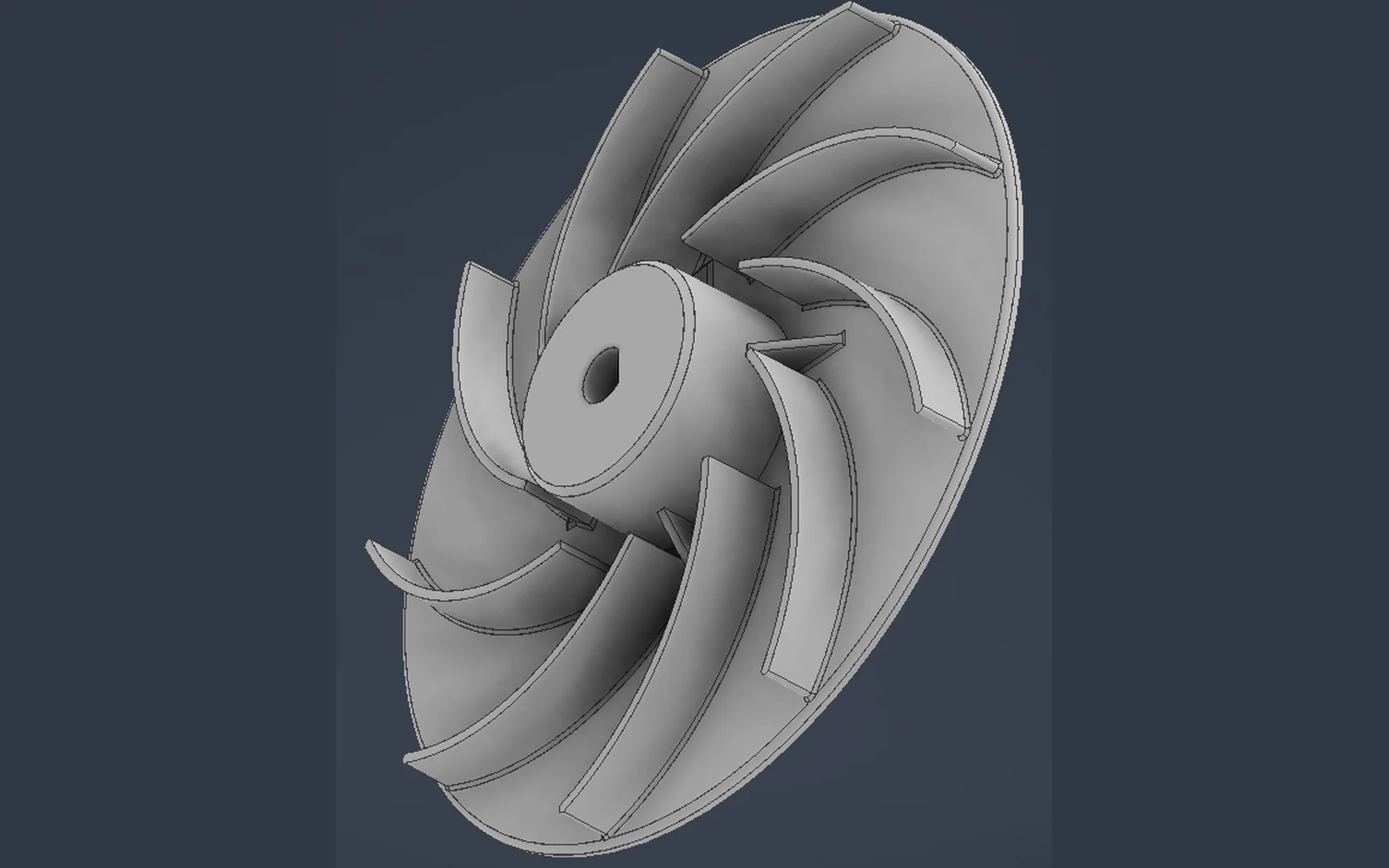 Isometric view of the semi-open impeller with its nine backward-curved blades