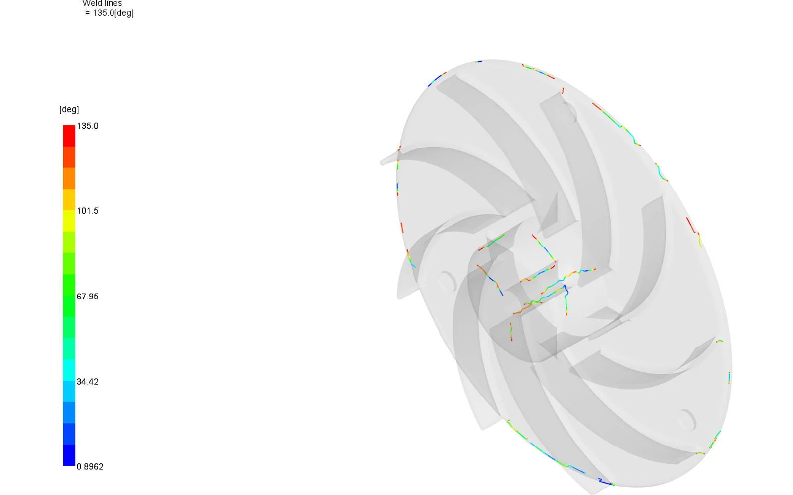 Weld-line markers at the plate rim and in the hub, none at any of the nine blade roots