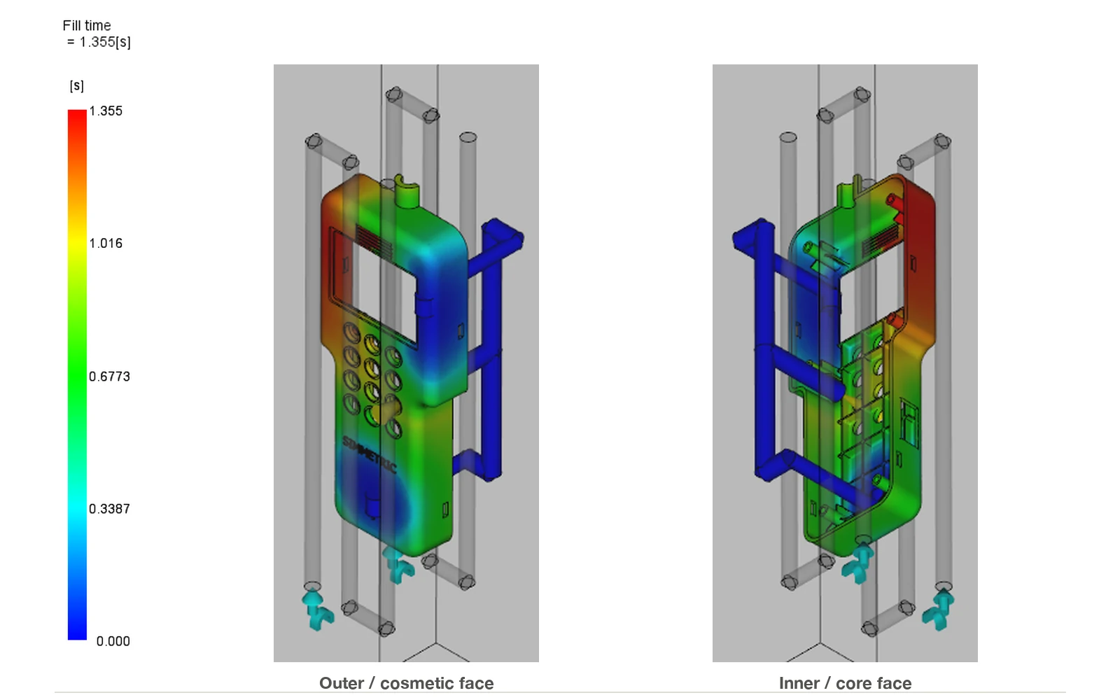 Fill-time plots of the handheld housing on the outer and inner faces, cold runner baseline
