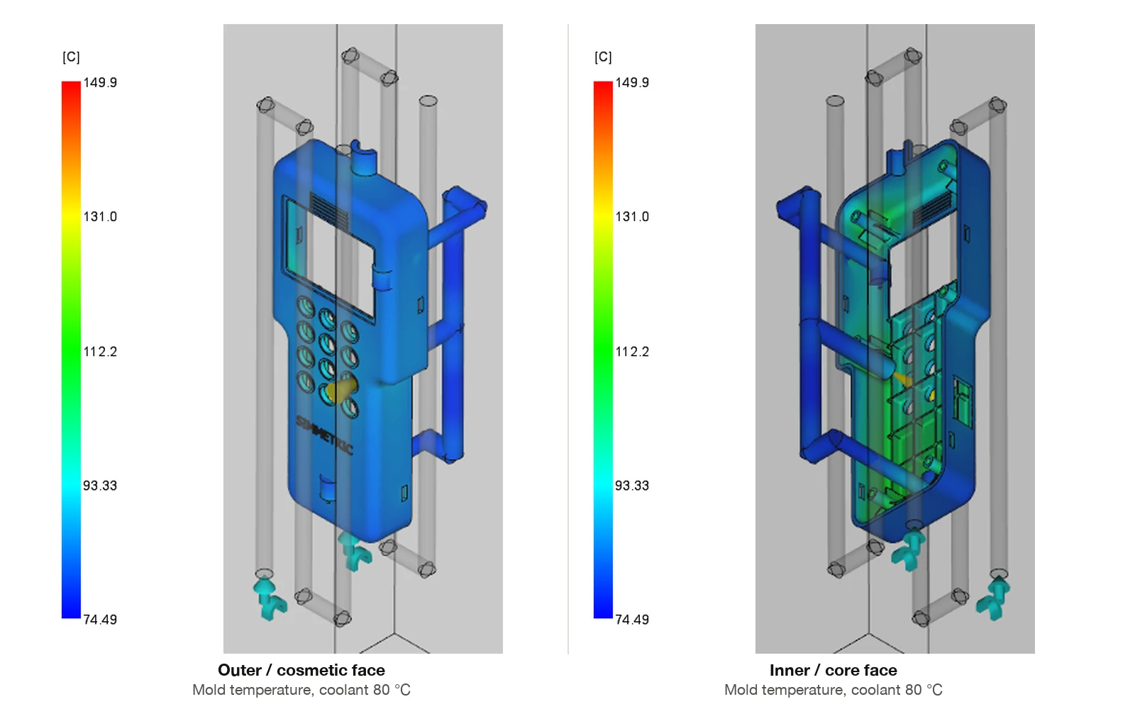 Mold temperature over the housing with the 80 degree coolant run, boundary between 71.6 and 83.2 degrees