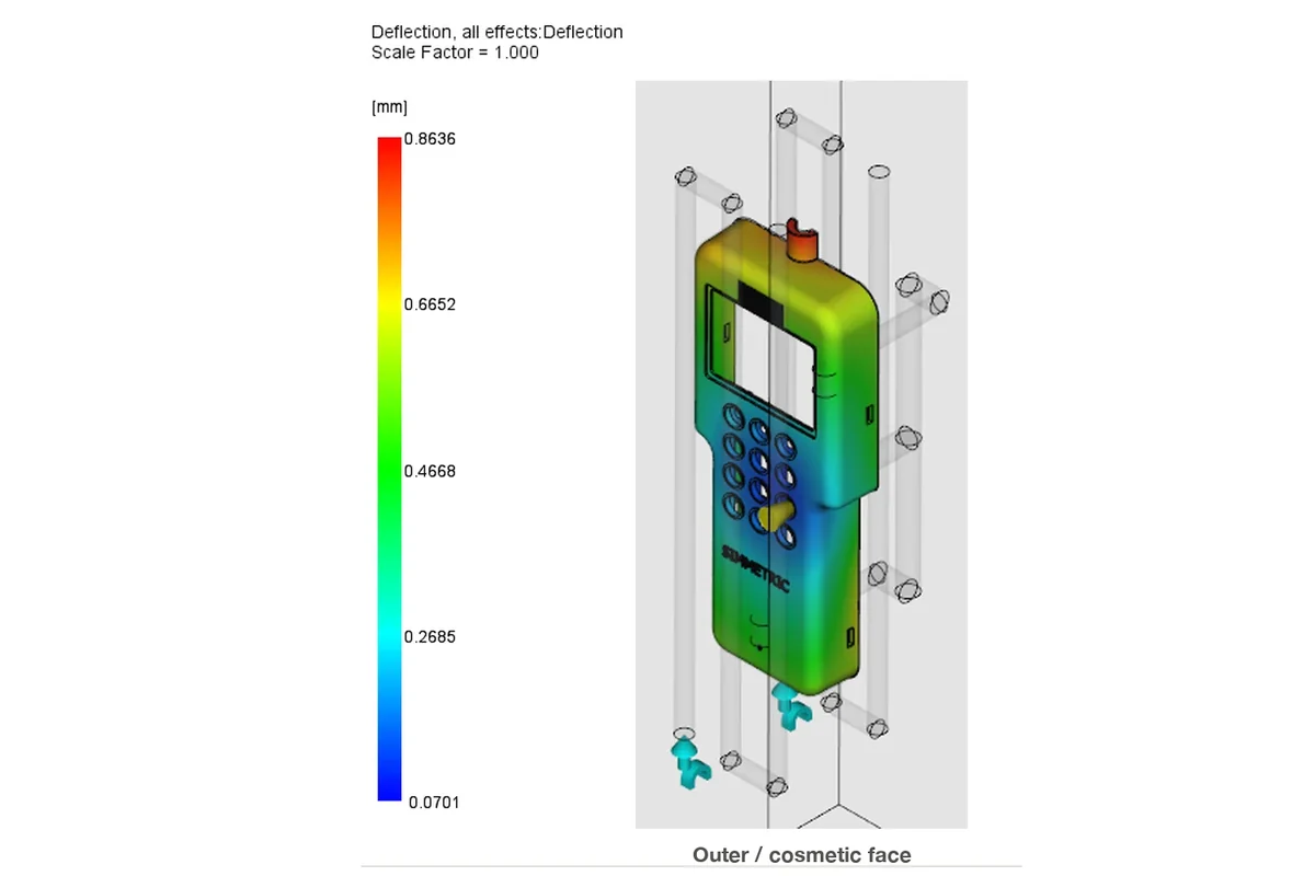 Total deflection of the rugged handheld housing, outer face, cold runner baseline