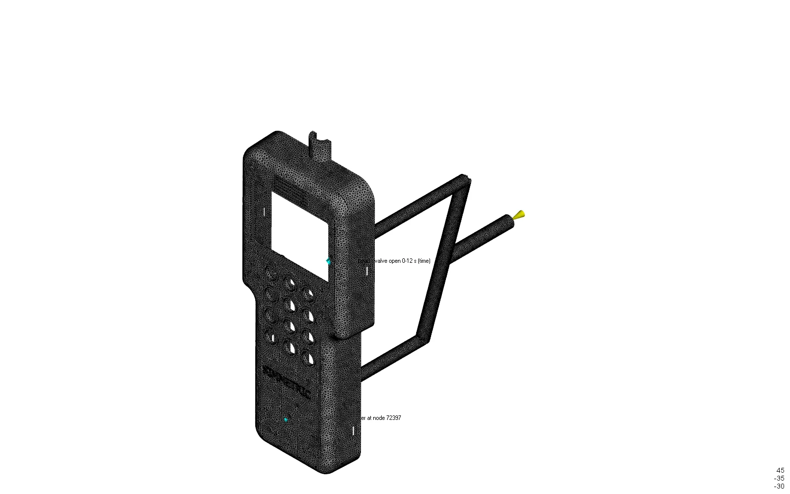 The hot runner modelled as a tetrahedral melt volume merged with the housing, sprue, manifold, drops and gates visible