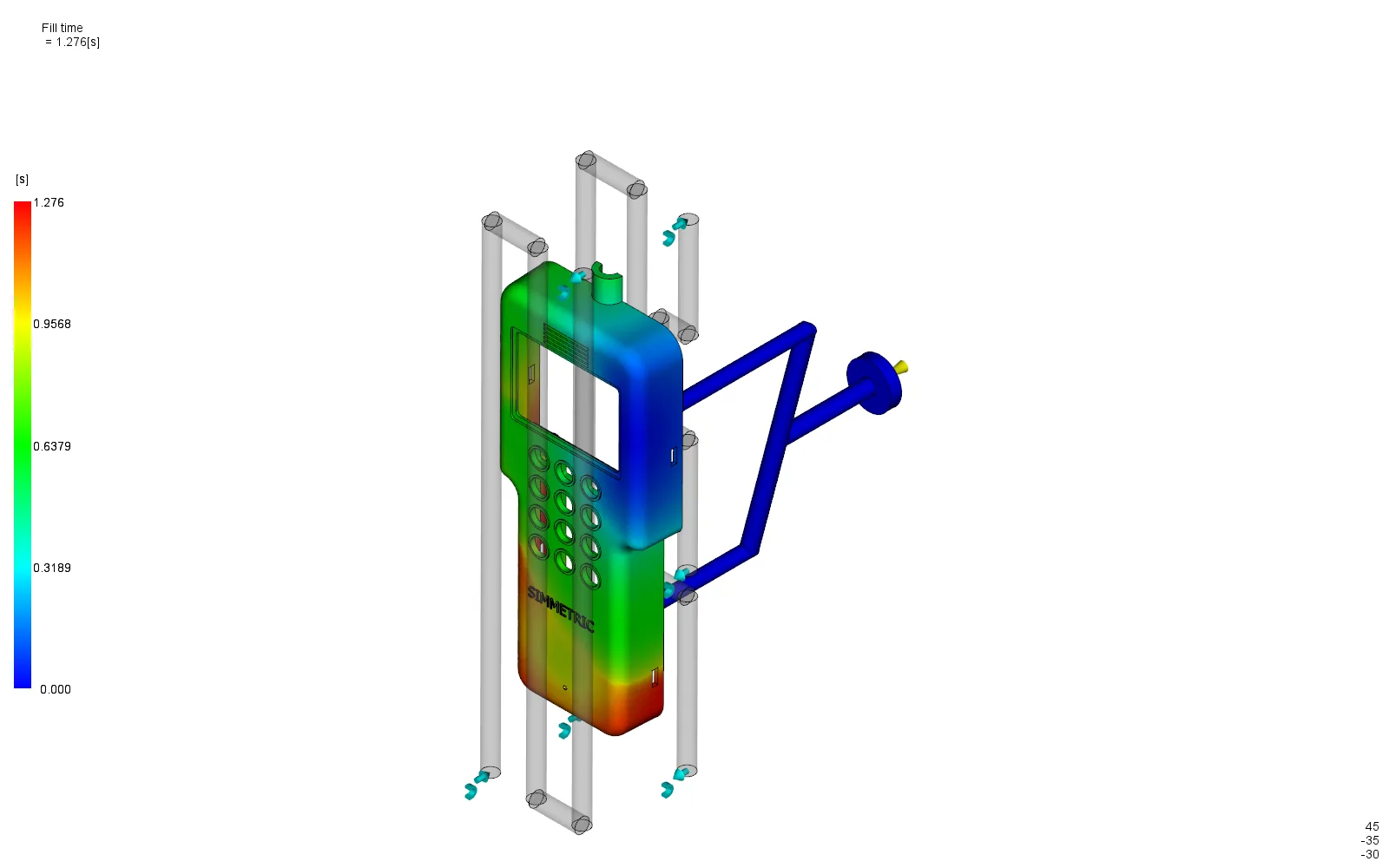 Fill-time contour of the housing solved with the 3D feed, complete at 1.276 seconds