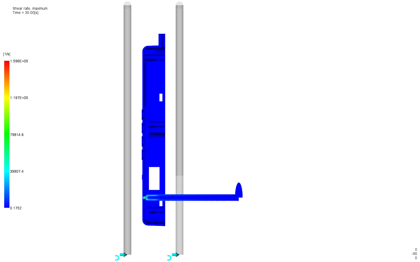 Section through the first gate axis showing the resolved shear-rate field inside the gate land